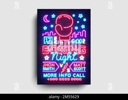 Poster di boxe vettore neon. Modello di design notturno di boxe, brochure al neon brillante, design moderno, banner luminoso, invito tipografico alla boxe Illustrazione Vettoriale