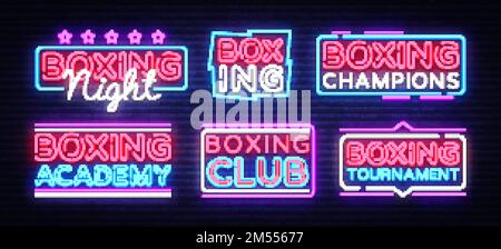 Vettore di raccolta dei segni al neon di boxe. Boxing Night text Design modello neon segno, banner luminoso, neon cartello, pubblicità notturna luminosa, luce insc Illustrazione Vettoriale