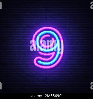 Numero nove simbolo vettore di segno neon. Nono, numero nove modello neon icona, banner luce, neon cartello, pubblicità notturna luminosa, iscrizione luce Illustrazione Vettoriale