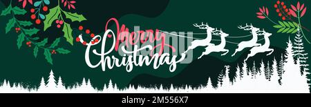 Allegro banner di Natale con sfondo di disegno neve tema inverno. Decorazioni natalizie calligrafia con foglie rosa verde rosso e pini. Renna. Illustrazione Vettoriale