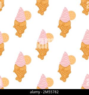 Motivo senza cuciture con cono gelato a forma di pesce taiyaki in stile cartoon flat. Sfondo vettoriale disegnato a mano con cibo tradizionale giapponese, dolce, de Illustrazione Vettoriale