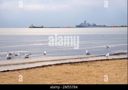 Nave da guerra al porto di Danzica. Polonia Foto Stock