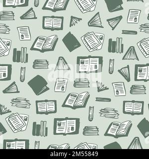 Modello vettoriale senza cuciture disegnato a mano con libri aperti, spine di libri e pagine scritte a mano. Biblioteca, libreria di simboli educativi. Illustrazione Vettoriale