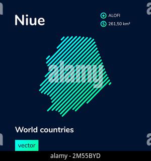 Mappa di Niue. Grafica vettoriale digitale neon piano astratta semplice mappa con texture a righe verde, menta, turchese su sfondo blu scuro. Educazione ba Illustrazione Vettoriale