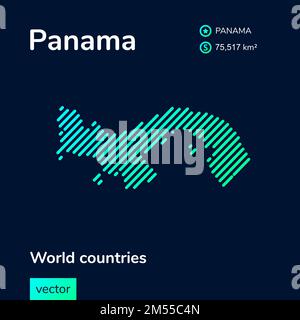 Mappa di Panama. Grafica vettoriale creativa digitale neon linea piatta astratta semplice mappa con texture verde, menta, turchese a righe su sfondo blu scuro. EDU Illustrazione Vettoriale