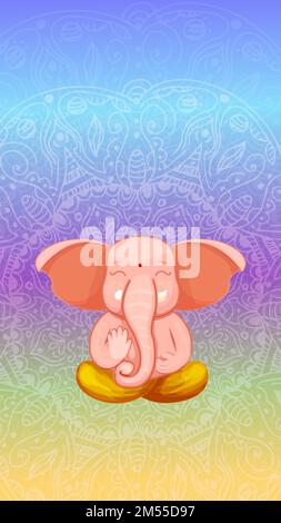 Ganesha dio carino personaggio lotus posa, meditazione in stile cartoon sullo sfondo. Idol, statua spirituale. Illustrazione vettoriale Illustrazione Vettoriale