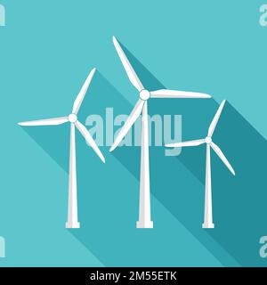 Icona della turbina eolica con design piatto e ombra. Concetto di energia rinnovabile con silhouette di mulino a vento. Illustrazione Vettoriale