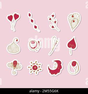 Cute vettore amore adesivi per pianificatore quotidiano e diario. Romantic Viva Magenta colore doodle icone vettoriali. Raccolta di elementi di scrapbooking per San Valentino. Illustrazione vettoriale Illustrazione Vettoriale