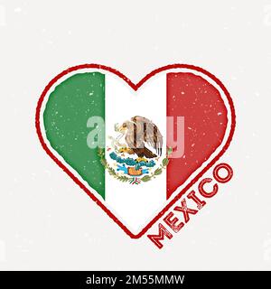 Distintivo della bandiera del cuore del Messico. Logo Messico con texture grunge. Bandiera del paese a forma di cuore. Illustrazione vettoriale. Illustrazione Vettoriale