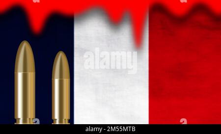 proiettili sulla bandiera di blur france con il concetto di sangue che mostra umile per la nazione e lo sfondo delle festività nazionali. Foto Stock