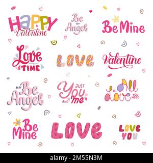 Set di parole scritte a mano per il giorno di San Valentino. Scritte disegnate a mano. Illustrazione Vettoriale