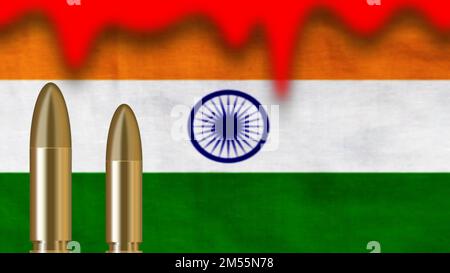 Proiettili sulla bandiera indiana sfocata con il concetto di sangue che mostra umile per la nazione e lo sfondo delle festività nazionali. Foto Stock
