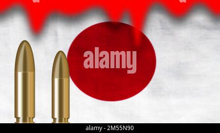 Proiettili sulla bandiera del Giappone sfocata con concetto di sangue che mostra umile per la nazione e sfondo festa nazionale. Foto Stock