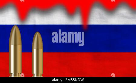 Proiettili sulla bandiera russa sfocata con il concetto di sangue che mostra umile per la nazione e sfondo festa nazionale. Foto Stock