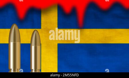 Proiettili sulla bandiera svedese sfocata con concetto di sangue che mostra umile per la nazione e sfondo festa nazionale. Foto Stock