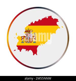 Ibiza icona. Forma dell'isola con bandiera Ibiza. Segno rotondo con anello sfumato di colori a bandiera. Illustrazione vettoriale artistica. Illustrazione Vettoriale