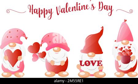 San Valentino romantico cartoni animati gnomes. San Valentino gnomes, bel disegno per le carte, inviti, saluti, San Valentino. Illustrazione Vettoriale
