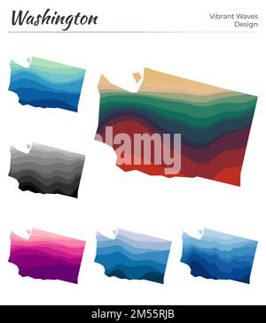 Set di mappe vettoriali di Washington. Design a onde vibranti. Mappa luminosa dello stato di noi nello stile delle curve geometriche uniformi. Mappa multicolore di Washington per il vostro Illustrazione Vettoriale