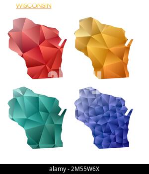 Insieme di mappe poligonali vettoriali del Wisconsin. Mappa gradiente luminoso dello stato US in stile poly basso. Mappa del Wisconsin multicolore in stile geometrico per la tua i Illustrazione Vettoriale