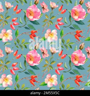 Illustrazione acquerello. Motivo senza cuciture di rosa fianchi fiori, foglie, bacche su uno sfondo grigio blu. Design senza cuciture dei fianchi di rosa maturi per fabri Foto Stock