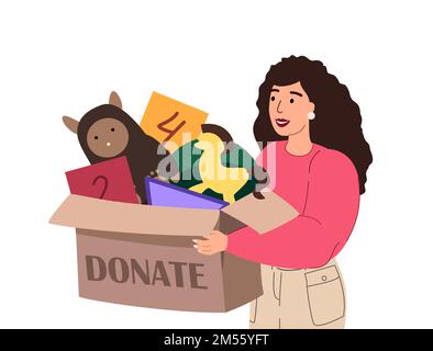 Azione per Kids.Collect Giocattoli per aiutare Children.Woman con scatola piena di Giocattoli gratuiti, scatola donazione, supporto sociale per i bambini e assistenza Concept.Humanitarian aiuti a poveri Kids.People Flat Vector Illustration Illustrazione Vettoriale