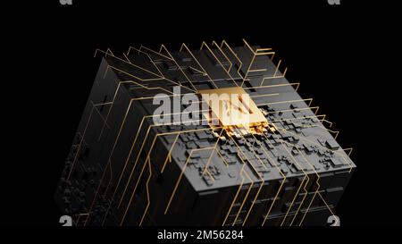 Scheda a cubo con chip ai in oro. Concetto CPU dei processori del computer centrale. rendering 3d, immagine concettuale. Foto Stock