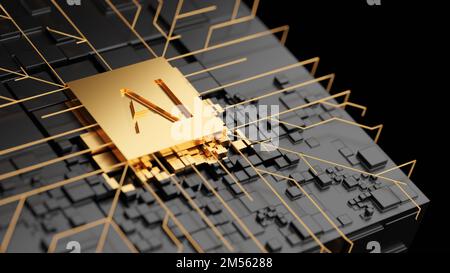 Scheda Golden ai Circuit. Tecnologia di base processori centrali di computer CPU e concetto di GPU. Chip digitale della scheda madre. Background scientifico tecnologico. 3d Foto Stock