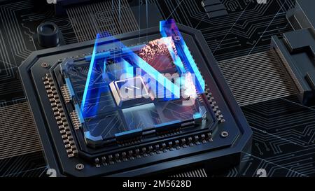 Intelligenza artificiale in un rendering 3D complesso e moderno della scheda GPU Foto Stock