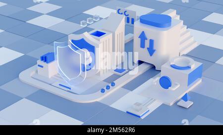 Storage cloud per il download di un isometrico. Un servizio o un'applicazione digitale con trasmissione dati. Tecnologie di elaborazione in rete. Server futuristico Foto Stock