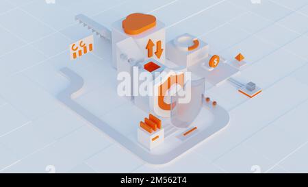 Storage cloud per il download di un isometrico. Un servizio o un'applicazione digitale con trasmissione dati. Tecnologie di elaborazione in rete. Server futuristico Foto Stock