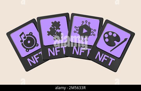 3D schede token NFT in crittografia. Schede NFT con giochi, musica, video e arte Un token non fungibile con informazioni dalla blockchain. ERC20 Illustrazione Vettoriale