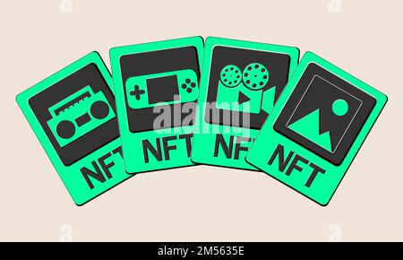 3D schede token NFT in crittografia. Schede NFT con giochi, musica, video e arte Un token non fungibile con informazioni dalla blockchain. ERC20 Illustrazione Vettoriale