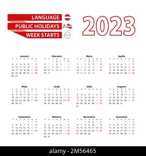 Calendario 2023 in lingua lettone con giorni festivi il paese della Lettonia nel 2023. La settimana inizia dal lunedì. Illustrazione vettoriale. Illustrazione Vettoriale