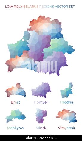 Regioni bielorusse a basso poli. Mappa poligonale della Bielorussia con le regioni. Mappe geometriche per il progetto. Illustrazione vettoriale artistica. Illustrazione Vettoriale