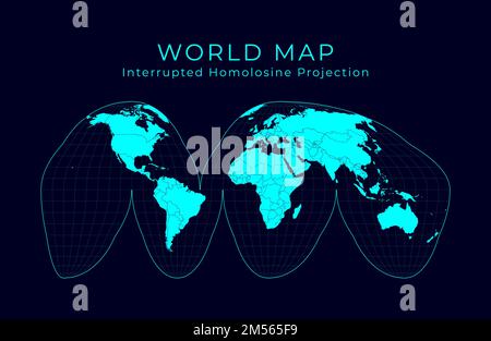 Mappa del mondo. Goode ha interrotto la proiezione dell'omolosina. Futuristica illustrazione del mondo dell'infografica. Colori ciano chiari su sfondo scuro. Illustrazione Vettoriale