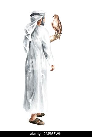 Falconeria. Un falco siede sul braccio di un uomo arabo. Illustrazione di acquerello disegnata a mano isolata su sfondo bianco Foto Stock