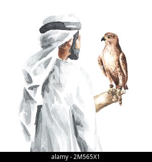 Falconeria. Un falco siede sul braccio di un uomo arabo. Illustrazione a acquerello disegnata a mano, isolata su sfondo bianco Foto Stock