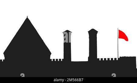 Doppi minareti Madrasah, castello, cupola, bandiera. Edifici storici a Erzurum. Illustrazione vettoriale Illustrazione Vettoriale