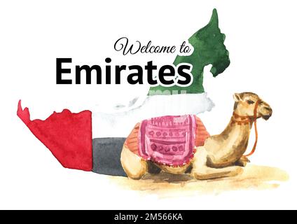 Carta di benvenuto Emirates. Bandiera e cammello simbolo degli Emirati Arabi Uniti. Illustrazione di acquerello disegnata a mano isolata su sfondo bianco Foto Stock