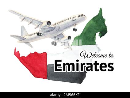 Carta di benvenuto Emirates. Flag, simbolo. Illustrazione di acquerello disegnata a mano isolata su sfondo bianco Foto Stock