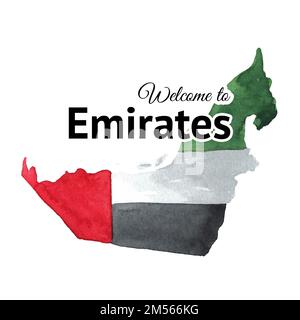 Carta di benvenuto Emirates. Flag, simbolo. Acquerello disegnato a mano, illustrazione isolata su sfondo bianco Foto Stock