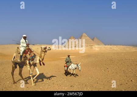 Egitto. Il Cairo. Gizeh (o Giza). Dal deserto, a ovest del Cairo, la famosa vista delle nove piramidi: In primo piano, le tre piccole piramidi del Th Foto Stock