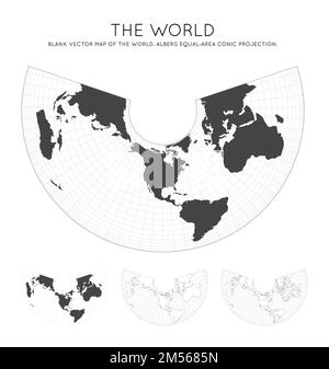 Mappa del mondo. Proiezione conica ad area uguale di Albers. Globo con linee di latitudine e longitudine. Mappa mondiale su meridiani e paralleli sfondo. Vettore Illustrazione Vettoriale