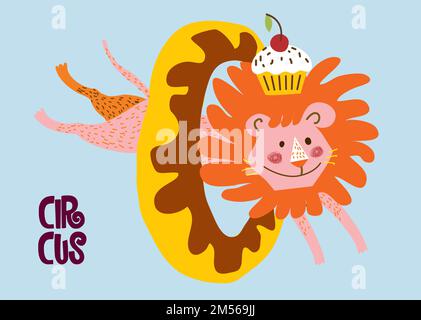 Il leone carino salta attraverso una ciambella. Circo animale artista fare trucco con la ciambella Illustrazione Vettoriale