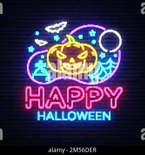 Vettore modello di Happy Halloween Party design. Biglietto di auguri di Halloween, banner luminoso, stile neon, pubblicità notturna luminosa. Zucca spaventosa. Vettore illus Illustrazione Vettoriale