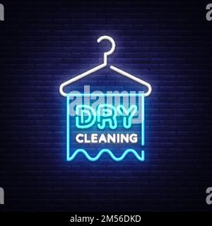 Vettore di segnale al neon per lavaggio a secco. Lavaggio a secco Design modello neon segno, banner luce, neon cartello, pubblicità notturna luminosa, iscrizione luce. Ve Illustrazione Vettoriale