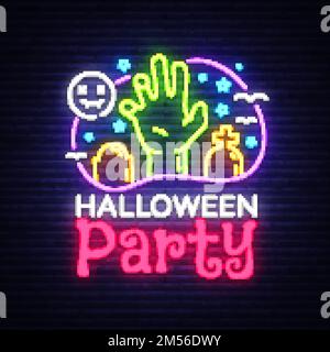 Vettore modello di progettazione di Halloween Party. Biglietto di auguri di Halloween, banner luminoso, stile neon, pubblicità notturna luminosa. Mano di zombie. Illustrazione vettoriale. Illustrazione Vettoriale