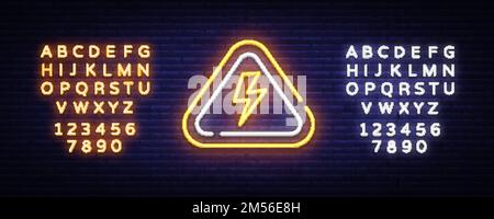 Modello di disegno vettoriale con simbolo di fulmine al neon. Simbolo al neon ad alta tensione, banner leggero elemento design colorato moderno trend design, segno luminoso. Vect Illustrazione Vettoriale
