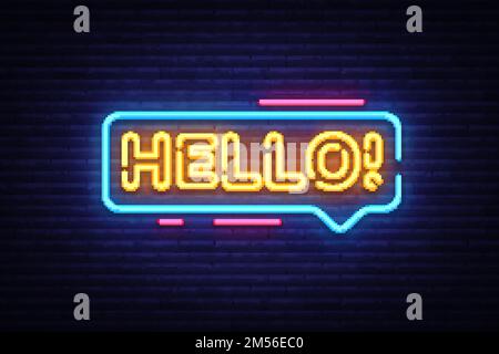 Vettore testo Hello Neon. Ciao neon segno, modello di design, design moderno trend design, notte neon cartello, notte luminosa pubblicità, striscione chiaro, arte leggera Illustrazione Vettoriale