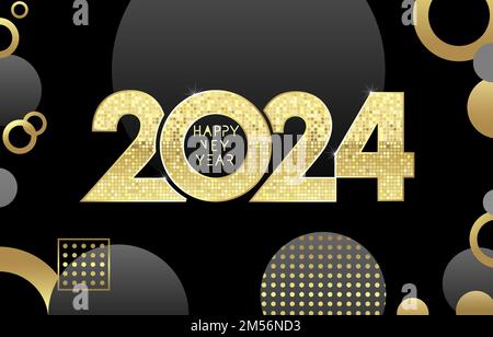 Buon anno 2024, logo mosaico dorato. 2024 modello di lusso. Illustrazione vettoriale su sfondo nero Illustrazione Vettoriale